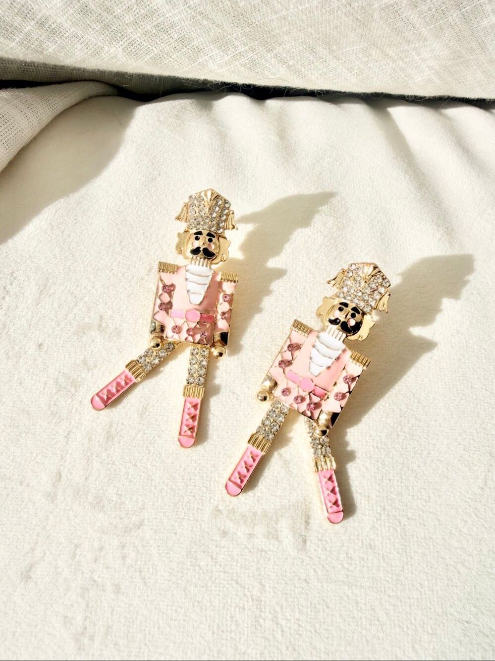 Pink Nutcracker Rhinestone Statement Earrings Gold Tone Christmas